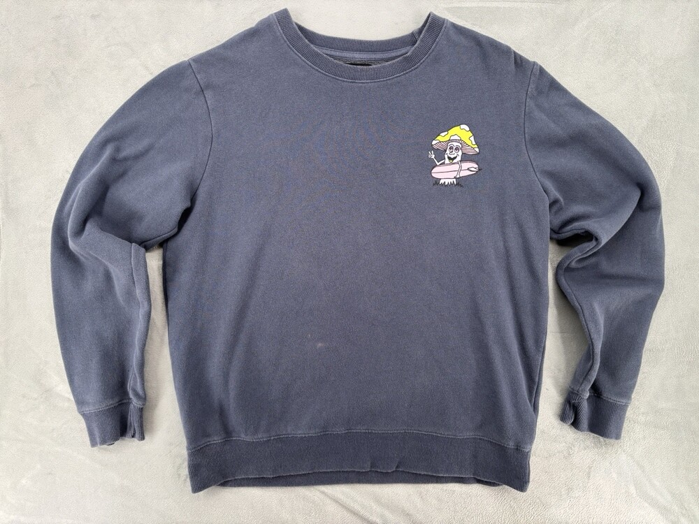 Cotton On TBAR Mushroom Bay Good Vibes Graphic Sweatshirt Blue Pull Over Retro